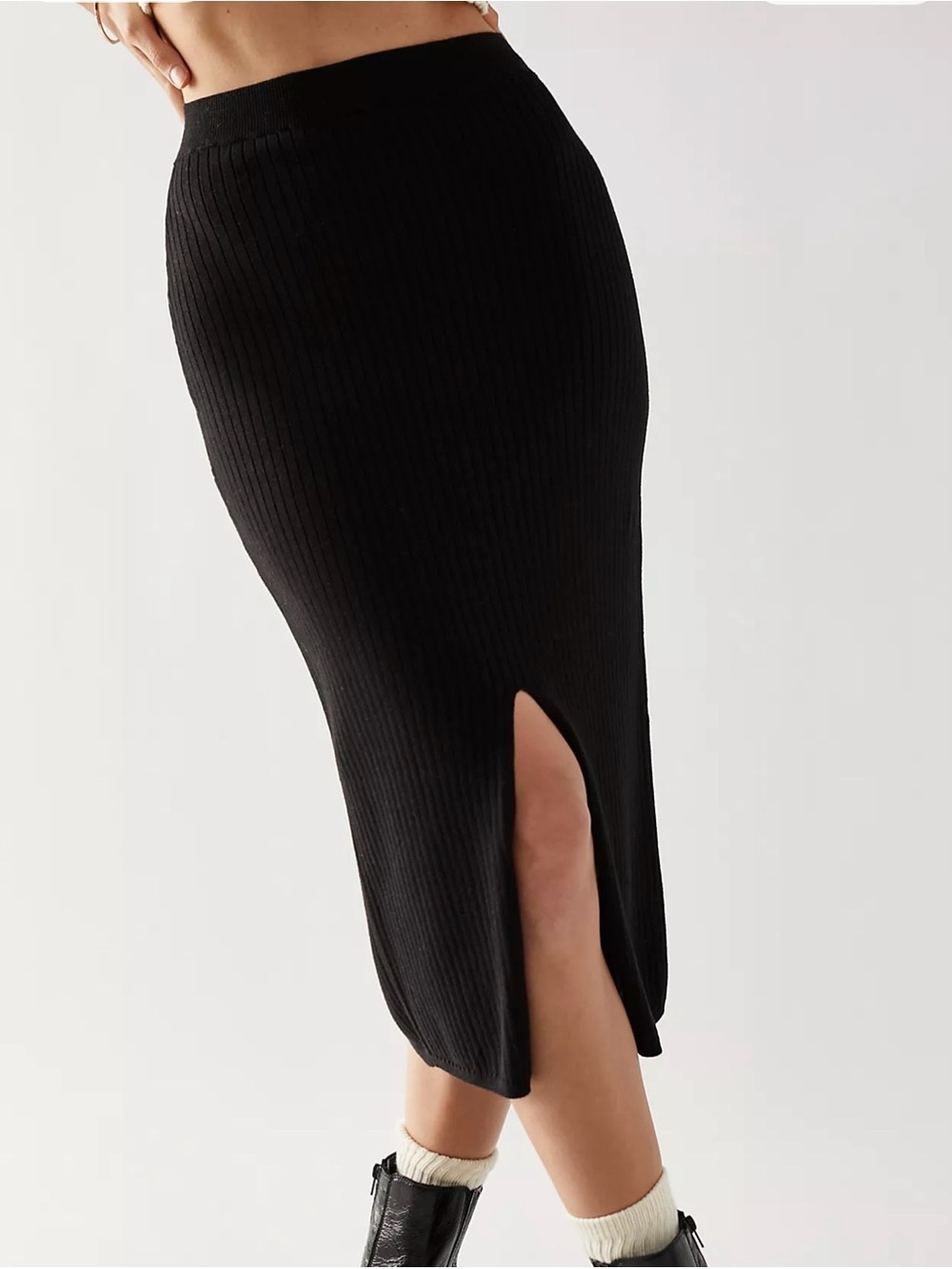 Free People Skyline Black Ribbed Midi Skirt with Front Slit